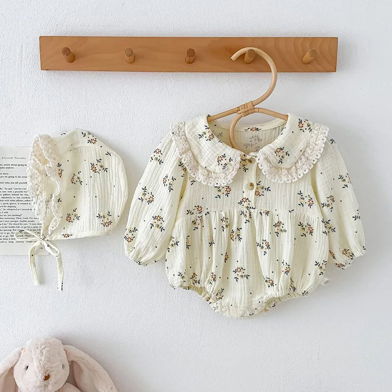 Lace Collar Baby Girl Romper with Bonnet, Cream Floral Long Sleeve Bubble One-Piece and Matching Hat for Spring Photos, Sizes 66-90