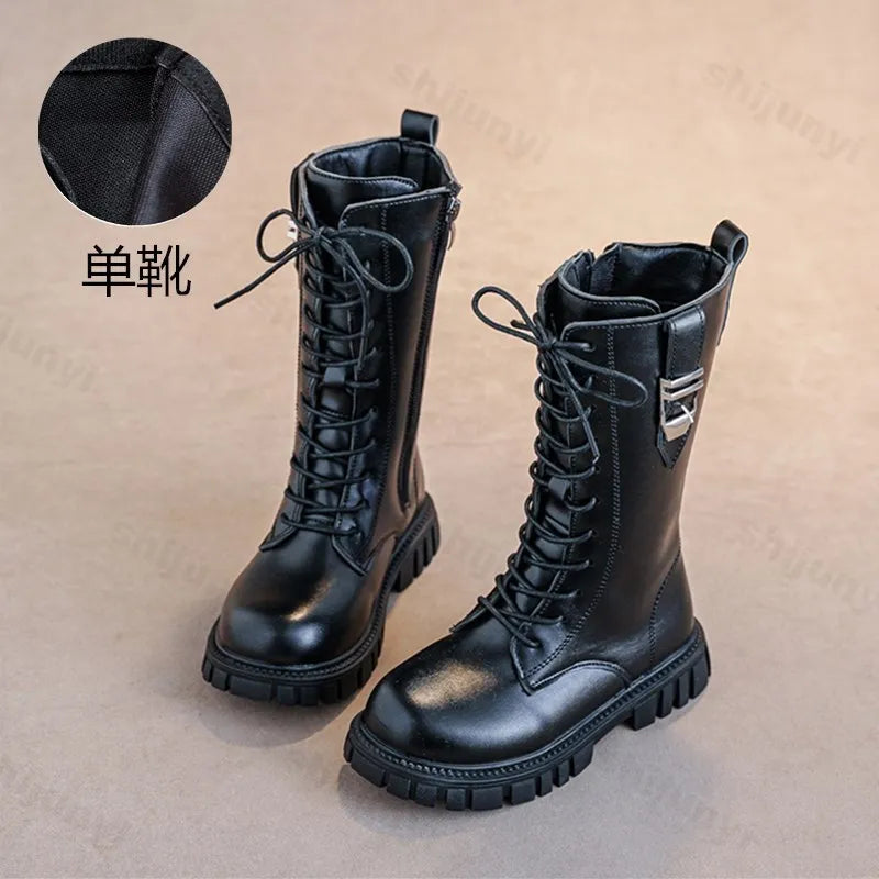 Girls Buckle Detail Tall Boots with Lace-Up Front and Side Zippers, Chunky Lug-Style Soles and Round Toes for Casual Fall Outfits