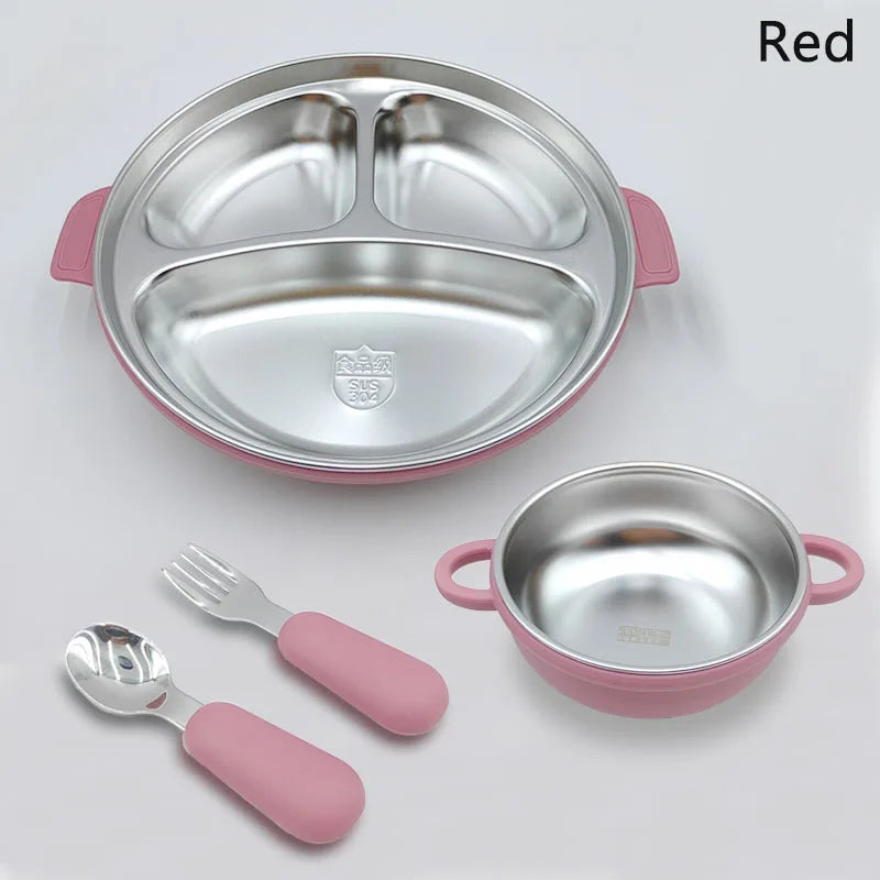Stainless Steel Baby Feeding Set, 4-Piece Tableware with Three-Section Suction Plate, Handled Bowl, Spoon and Fork in Four Colors