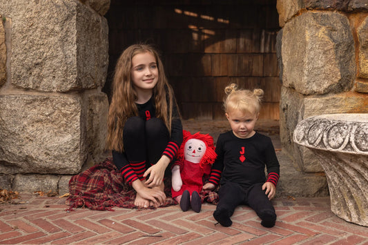 Black and Red Kids Matching Outfits with Striped Cuffs, Cotton Baby Romper, Boys and Girls Sets and Long Dress Options for Autumn Sibling Photos