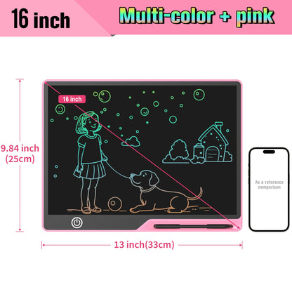 Rechargeable LCD Writing Tablet for Kids, 16 or 20 Inch Color Drawing Board with Screen Lock, Erase Button and Stylus for Learning and Memos