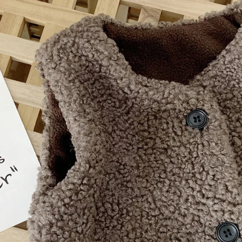 Toddler Faux Fur Vest with V-Neck and Button Front, Plush Sleeveless Waistcoat for Boys and Girls Ages 1-6, Fall and Winter Layering
