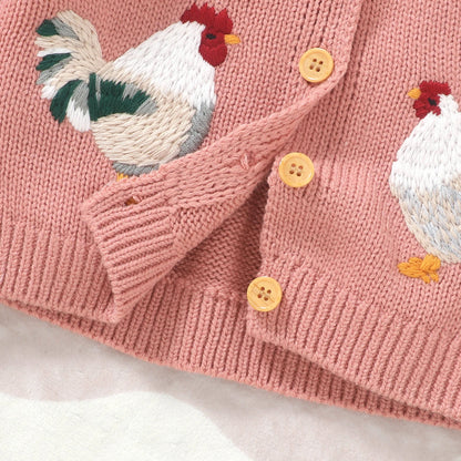 Rooster Embroidered Baby Girl Cardigan with White Ruffle Collar, Long Sleeve Button-Front Knit Sweater in Pink or Green, Sizes 6 Months to 3 Years