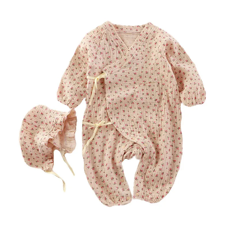 Muslin Cotton Baby Kimono Romper with Side Ties and Leg Snaps, Long Sleeve Printed Footless Jumpsuit for Boys and Girls, 0-24 Months