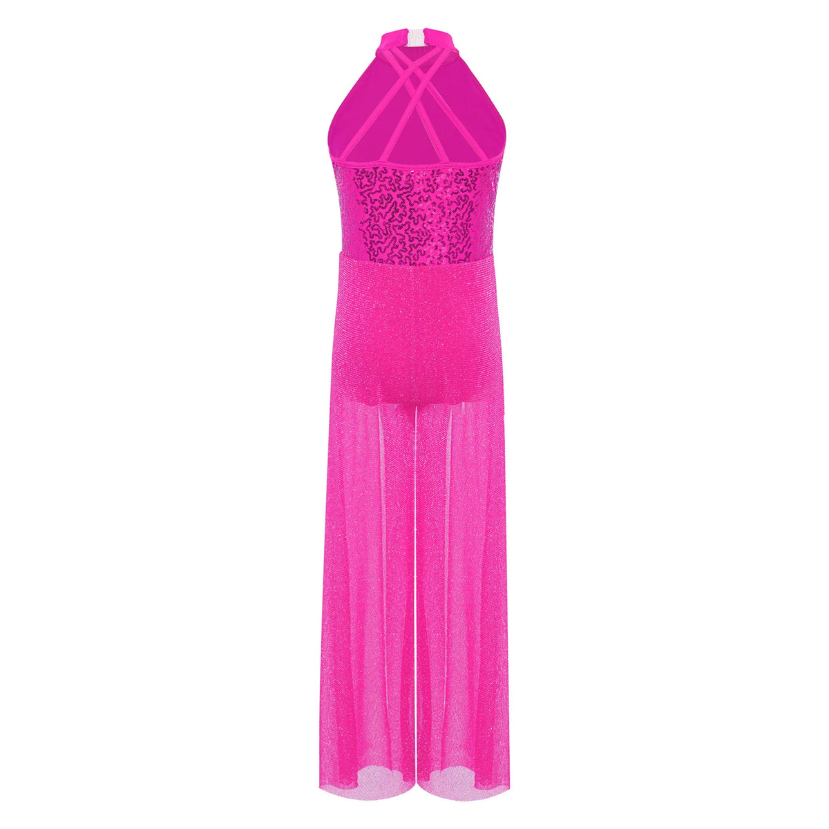 Girls Sequin Dance Jumpsuit with Split Wide-Leg Mesh, Sleeveless Mock Neck and Crisscross Back for Lyrical Recitals and Stage Performances