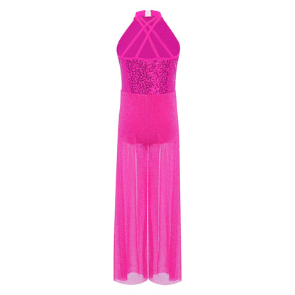 Girls Sequin Dance Jumpsuit with Split Wide-Leg Mesh, Sleeveless Mock Neck and Crisscross Back for Lyrical Recitals and Stage Performances