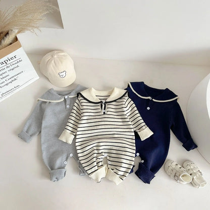 Sailor Collar Baby Knit Romper with Long Sleeves and Button Fastenings, Footless One-Piece Outfit in Gray, Stripe or Dark Blue, Sizes 66-100