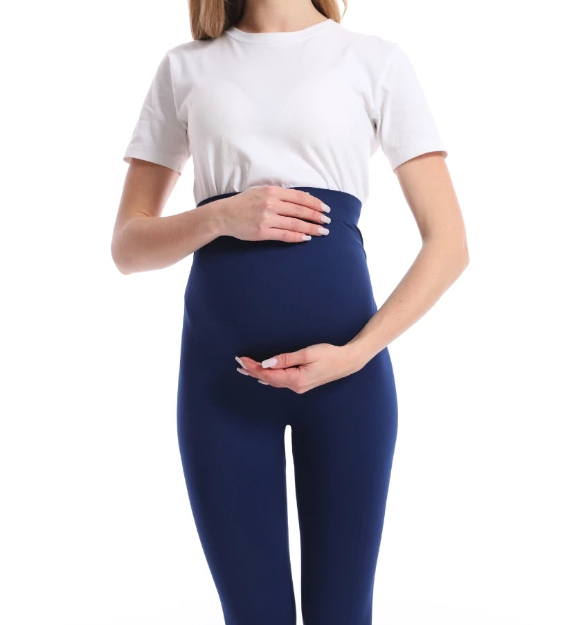 Stretch Maternity Leggings with High Waist Belly Panel, 90% Nylon and 10% Spandex Pregnancy Pants with Shorts and Thickened Style Options