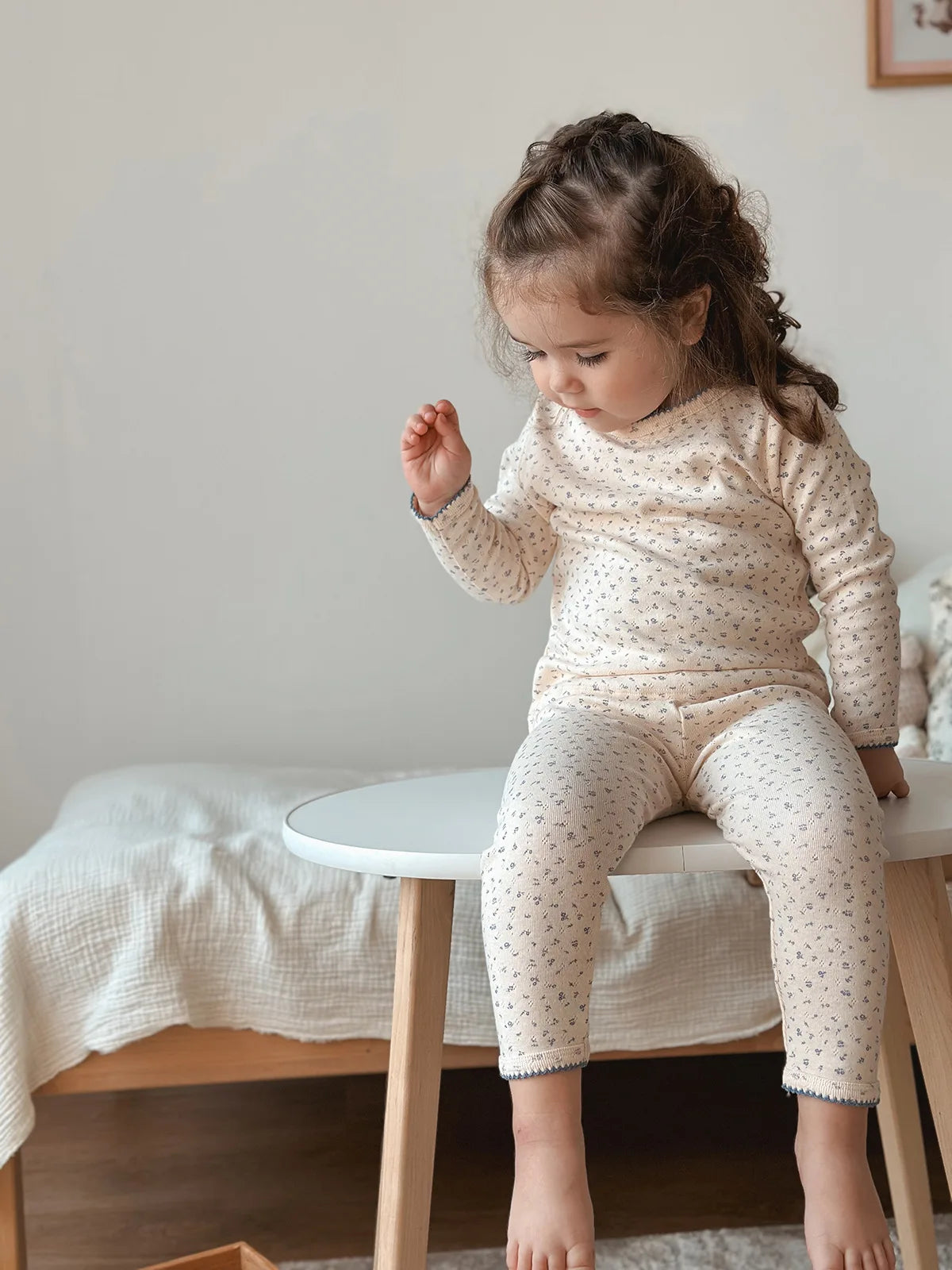 Cherry Print Girls Cotton Pajama Set, Cream Long Sleeve Top and Matching Pants with Red Picot Trim, Two-Piece Toddler Homewear, 1-6T