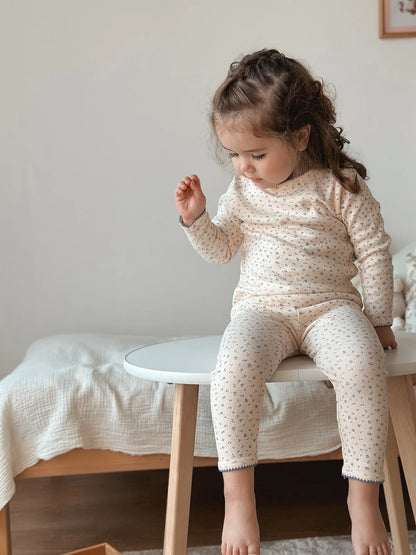 Cherry Print Girls Cotton Pajama Set, Cream Long Sleeve Top and Matching Pants with Red Picot Trim, Two-Piece Toddler Homewear, 1-6T