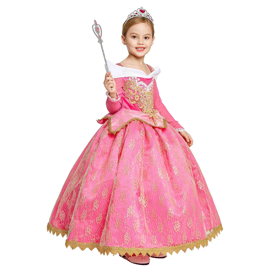Pink Princess Costume Dress for Girls with Gold-Tone Detailing and Long Sleeves, Aurora-Inspired Party Dress-Up with Selectable Bundle Options