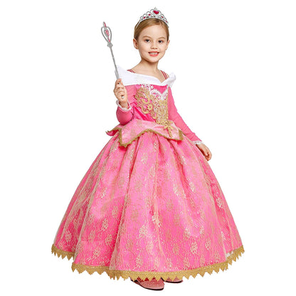 Pink Princess Costume Dress for Girls with Gold-Tone Detailing and Long Sleeves, Aurora-Inspired Party Dress-Up with Selectable Bundle Options