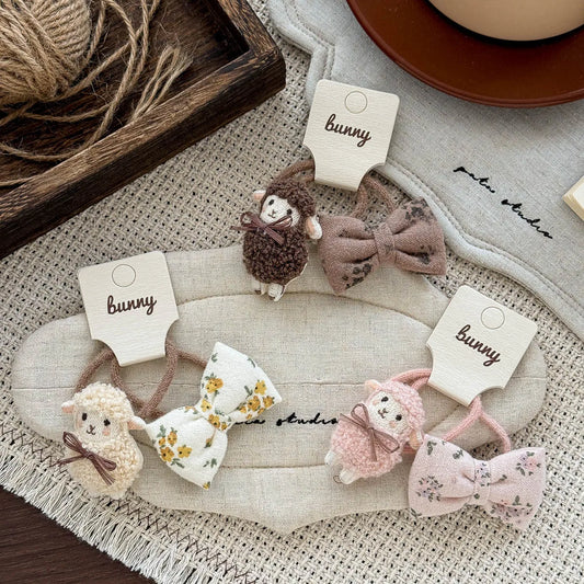 Sheep and Bow Hair Ties for Girls, 2-Piece Elastic Ponytail Holder Set with Cute Animal Detail in Beige, Coffee or Pink for Everyday Hairstyles