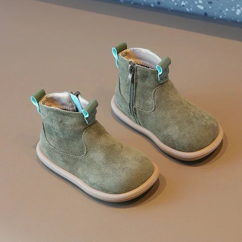 Toddler Suede-Look Ankle Boots with Side Zipper and Colorful Pull Tabs, Green Pink or Yellow Casual Short Boots for Boys and Girls in Sizes 21–30