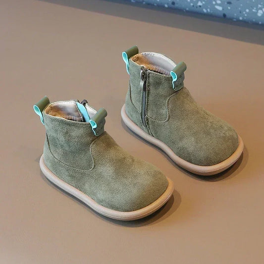 Toddler Suede-Look Ankle Boots with Side Zipper and Colorful Pull Tabs, Green Pink or Yellow Casual Short Boots for Boys and Girls in Sizes 21–30