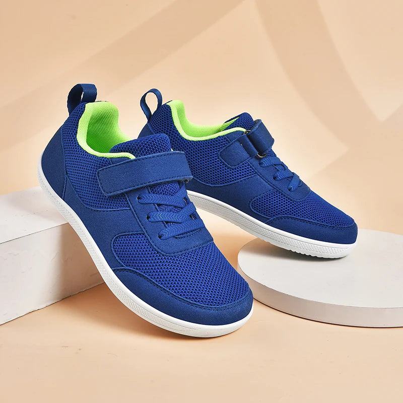 Kids Breathable Mesh Walking Shoes with Wide Toe Design, Hook-and-Loop Strap and Textured EVA Soles in Blue, Black, Pink or Grey