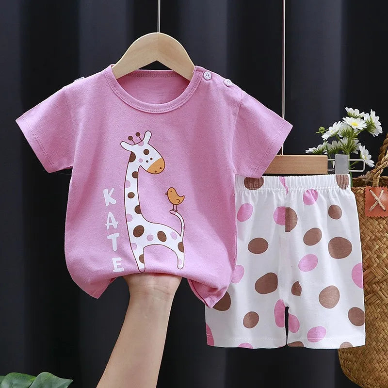 Baby Girls Animal Print Shorts Set with Short Sleeve Tee and Elastic Waist Bottoms, Giraffe, Bunnycorn or Panda Summer Outfit, 6M-4T