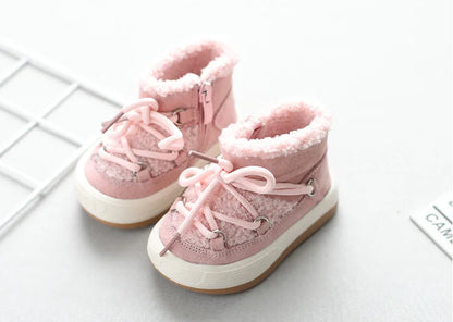 Toddler Plush Panel Lace-Up Boots with Rubber Soles and Cozy Cuffs, Beige, Black or Pink Winter Ankle Shoes for Boys and Girls, 12-15.5 cm Insoles