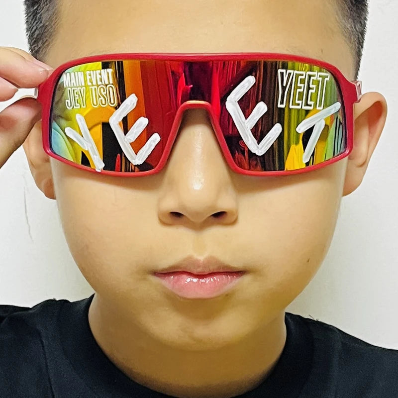 YEET Graphic Sunglasses with Jey Uso Main Event Lettering, Colorful Shield-Style Fan Shades in Children's and Adult Options for Party Outfits