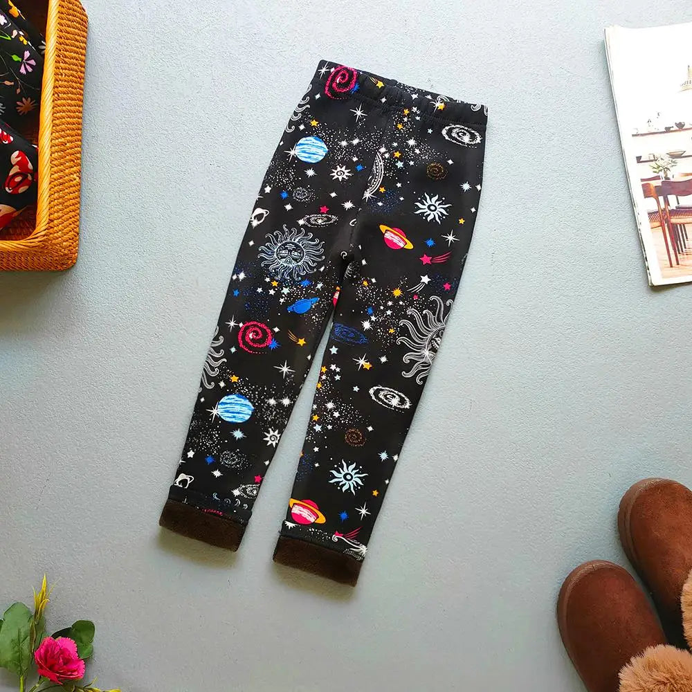 Printed Lined Leggings for Girls, Plush-Textured Winter Pants with Floral Heart and Pattern Options for Toddler and Kids Outfits, Sizes 2-3T to 10-11
