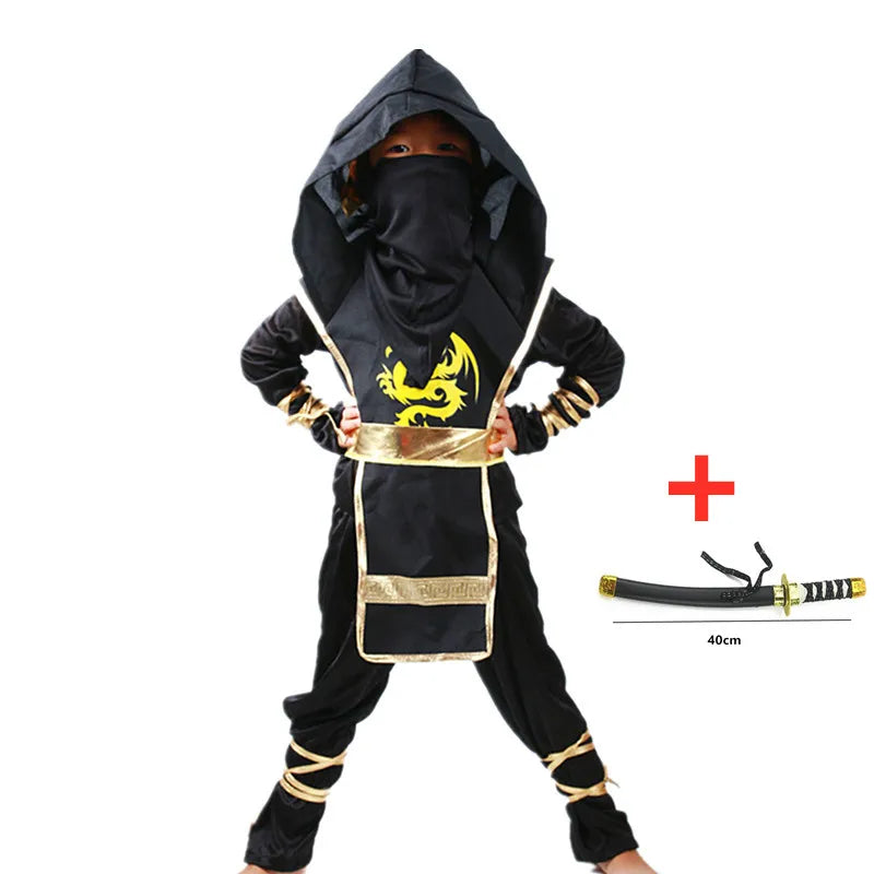 Kids Ninja Dress-Up Costume with Hooded Top, Pants and Toy Accessories, Polyester Halloween Party Outfit for Pretend Play, Sizes S-XL