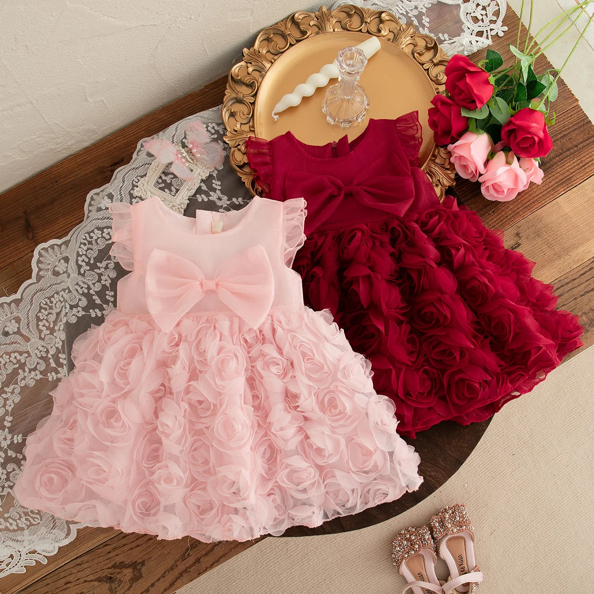 Rosette Baby Girl Party Dress with Large Front Bow and Ruffled Shoulders, Pink or Red Sleeveless Outfit for First Birthdays and Wedding Photos