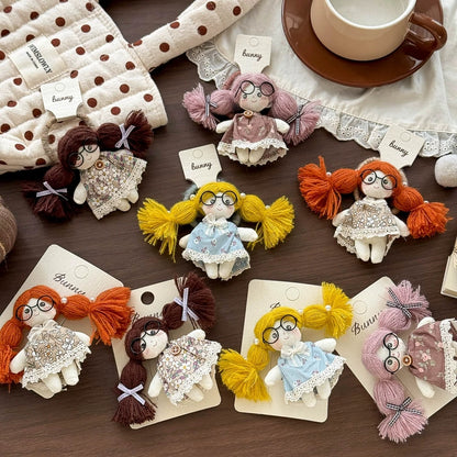 Doll Hair Accessories for Girls, Handmade Cotton Character Hair Clip or Elastic Hair Tie with Floral Dress and Colorful Pigtail Details