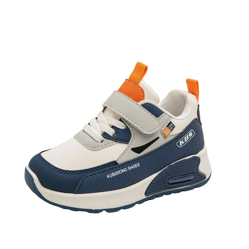 Color-Block Kids Running Shoes with PU Leather Upper, Soft Rubber Sole and Strap Closure for Boys and Girls, School Days and Outdoor Play