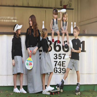 Grey Denim Matching Kids Outfits with Black Tees and Polo Tops, Strap Jumpers, Skirts, Shorts and Baby Romper Options for Family Photos