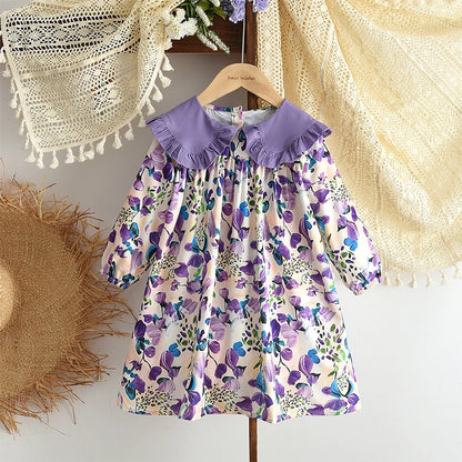 Toddler Girls Floral Dress with Oversized Collar and Long Sleeves, Bear Leader Outfit in Sizes 2T–6T for Spring, Fall and Family Photos