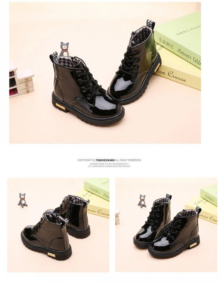 Kids Lace-Up Ankle Boots in PU Leather, Glossy Fashion Shoes for Boys and Girls with Black Soles, Five Colors and Sizes 21–37 for Spring and Fall