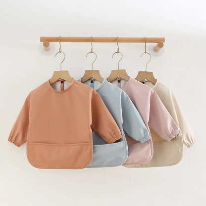 Long Sleeve Feeding Bib for Babies and Toddlers, Solid Color Polyester Mealtime Apron with Front Pocket for Snacks and Messy Art Play
