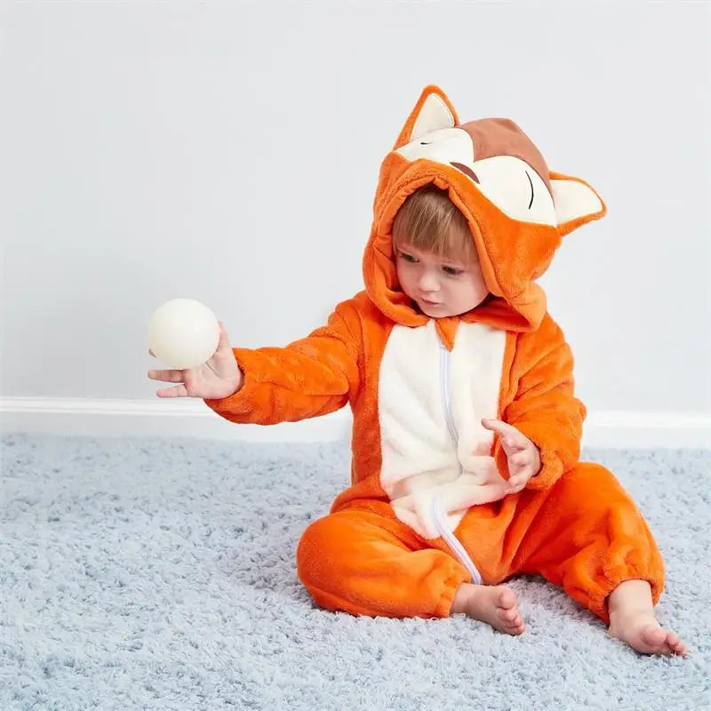 Animal Kigurumi Costume for Babies and Toddlers, Hooded Flannel Jumpsuit with Long Sleeves for Halloween Dress-Up and Family Photos
