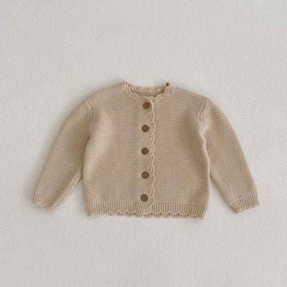 Scalloped Neck Baby Cardigan with Button Front, Textured Knit and Ribbed Cuffs, Long Sleeve Infant and Toddler Sweater in Khaki or Apricot