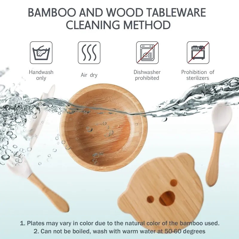 Bamboo Baby Tableware Set with Animal Plate Designs, Bowl, Cup and Wooden-Handle Utensil Options for Supervised Infant and Toddler Mealtimes