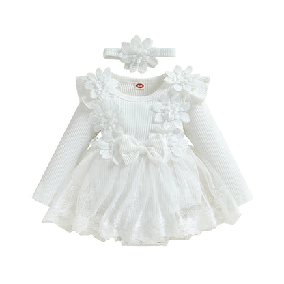 Baby Girl Romper Dress and Headband Set with 3D Flowers, Bow and Mesh Skirt, Long Sleeve Ribbed Cotton-Blend Outfit in Five Colors, 3M-18M