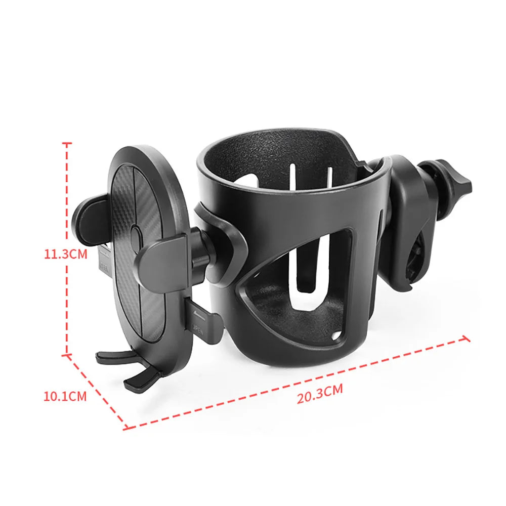 Stroller Drink and Phone Holder with Handlebar Clamp, Black Cup and Bottle Organizer with Separate Phone Cradle for Parent Walks and Family Outings