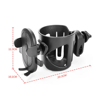 Stroller Drink and Phone Holder with Handlebar Clamp, Black Cup and Bottle Organizer with Separate Phone Cradle for Parent Walks and Family Outings