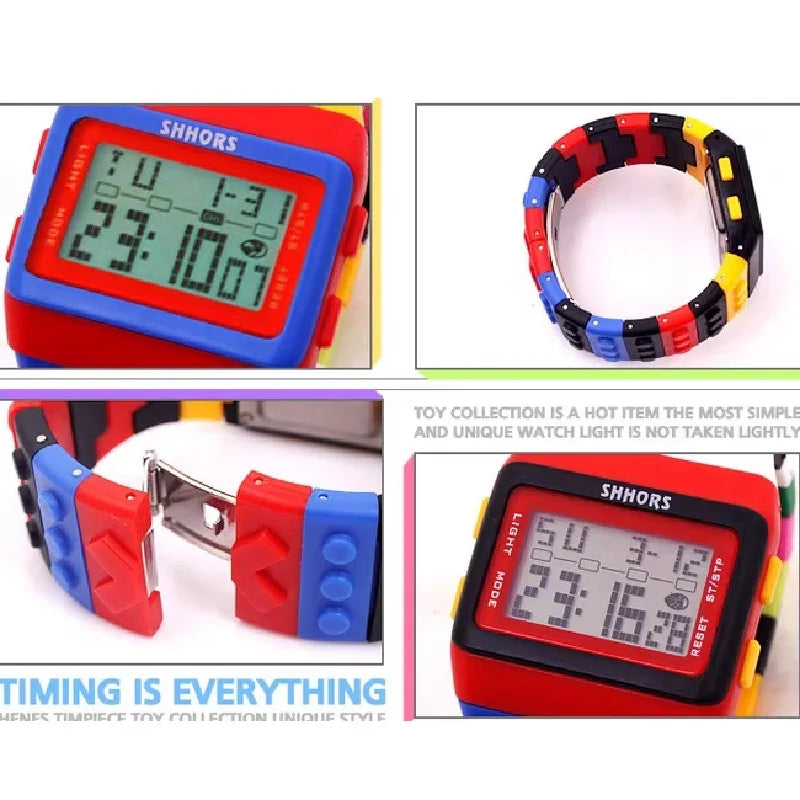 Colorful Link Digital Watch, Kids Block-Inspired Wristwatch with LED Backlight, Adjustable Plastic Band, Alarm, Calendar and Stopwatch for Daily Wear