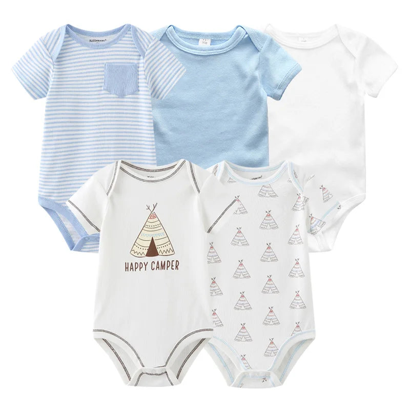 Infant Cotton Bodysuits 5-Pack with Short Sleeves and Envelope Shoulders, Solid Colors and Playful Prints for Baby Boys and Girls, Sizes 3M-12M