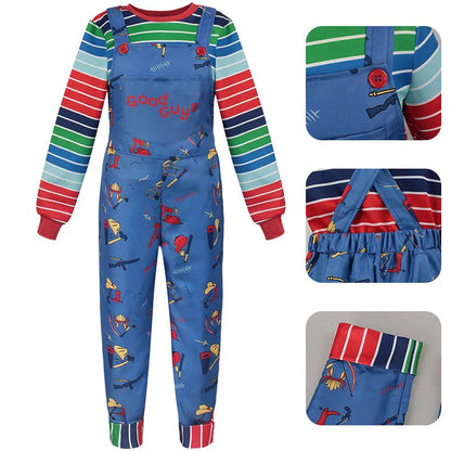 Chucky Halloween Costume Set with Multicolor Striped Shirt and Blue Printed Overalls for Kids and Adults, Cosplay and Costume Parties