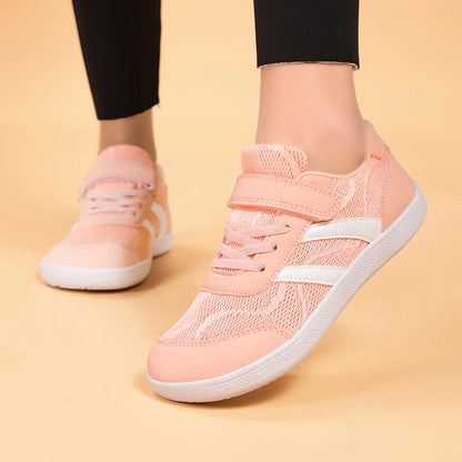 Kids Wide-Toe Mesh Sneakers with Adjustable Hook-and-Loop Strap, Contrast Side Stripes and Low-Top Casual Style in Pink, Black or Blue