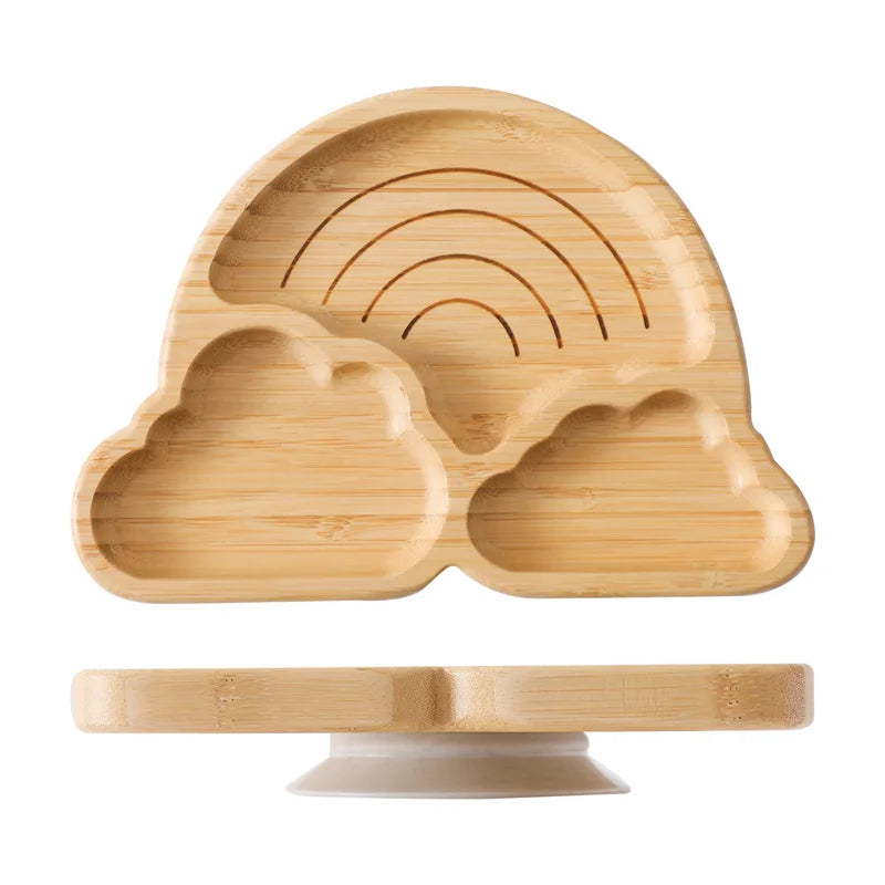 Bamboo Baby Suction Bowl and Tableware Options, Sun, Cloud and Dinosaur Designs with Single-Piece or 3-Piece Wooden-Handle Utensil Sets
