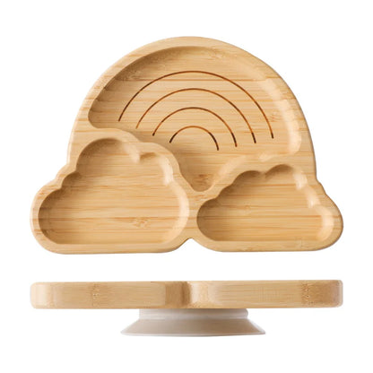 Bamboo Baby Suction Bowl and Tableware Options, Sun, Cloud and Dinosaur Designs with Single-Piece or 3-Piece Wooden-Handle Utensil Sets