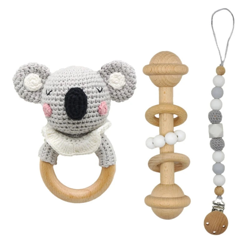 Crochet Animal Rattle Set with Wooden Ring and Coordinating Accessories, Rabbit, Deer and More Designs for Supervised Play and Baby Shower Gifts