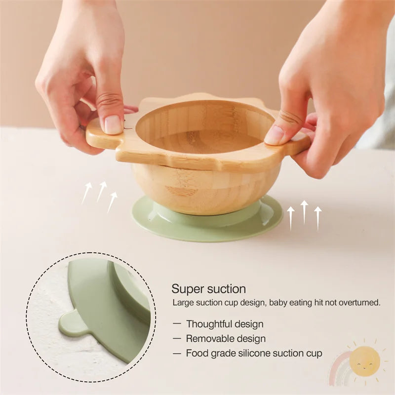 Bamboo Baby Suction Bowl and Tableware Options, Sun, Cloud and Dinosaur Designs with Single-Piece or 3-Piece Wooden-Handle Utensil Sets