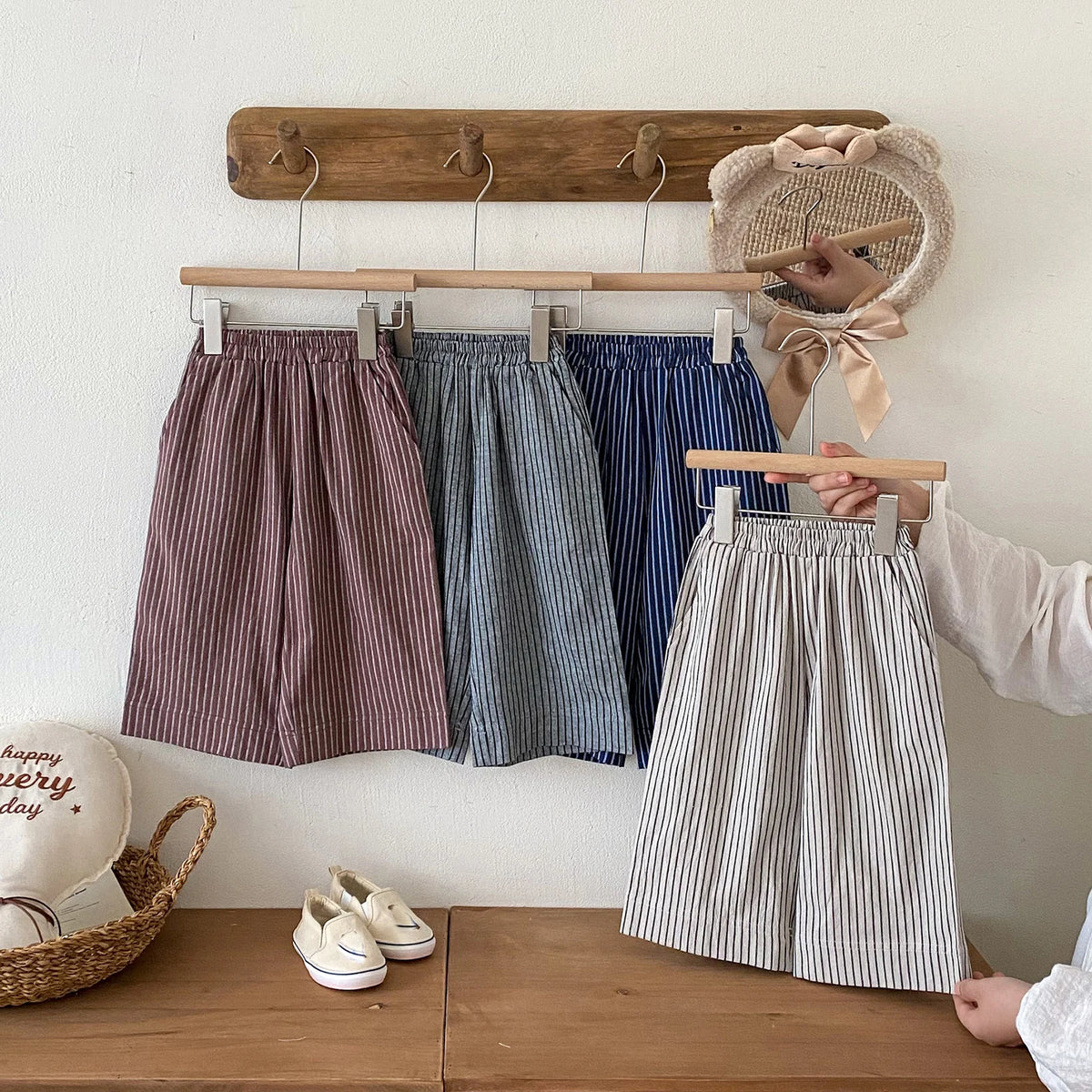 Cotton Toddler Striped Pants with Pull-On Elastic Waist, Relaxed Long Trousers for Boys and Girls in Six Colors, Sizes 12-24M to 5-6Y