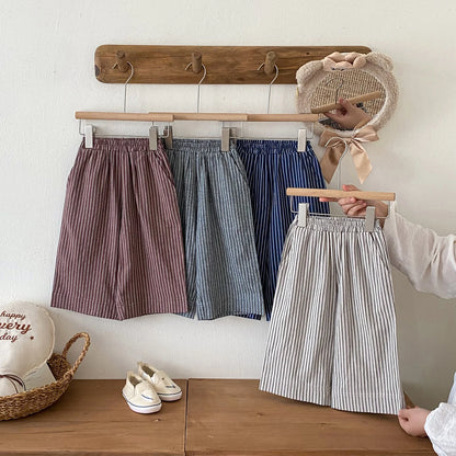 Cotton Toddler Striped Pants with Pull-On Elastic Waist, Relaxed Long Trousers for Boys and Girls in Six Colors, Sizes 12-24M to 5-6Y