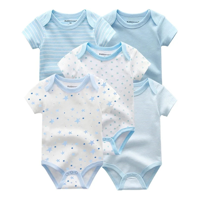 Baby Bodysuit Multipack with Cartoon Prints, Kiddiezoom 5 Short Sleeve One-Piece Outfits with Snap Closures for Boys and Girls, 3M-12M