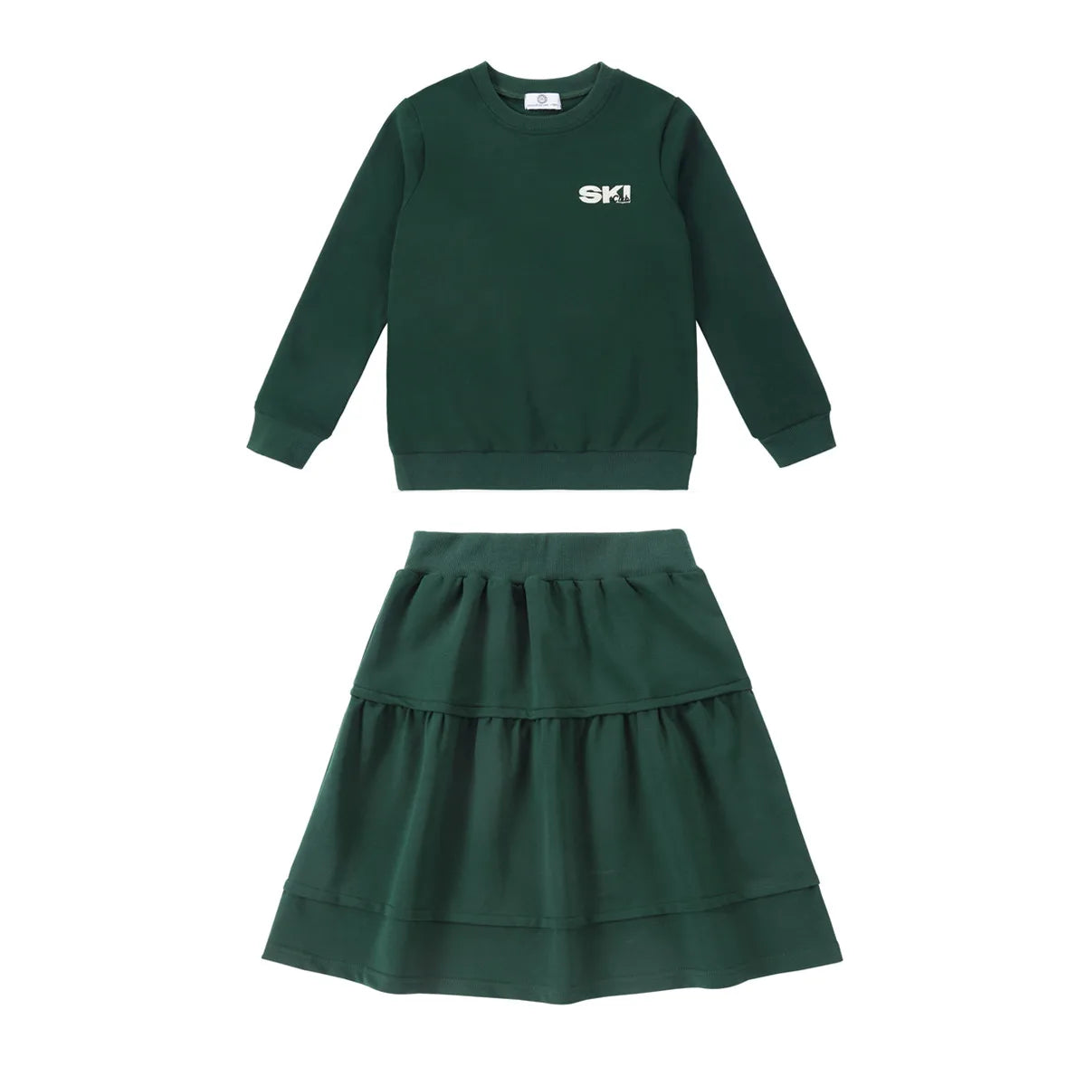 Kids Ski Graphic Cotton Outfits in Ecru, Hunter Green and Acid Wash Grey, Coordinating Sweatshirts, Dresses and Baby Sets for Sibling Matching Looks